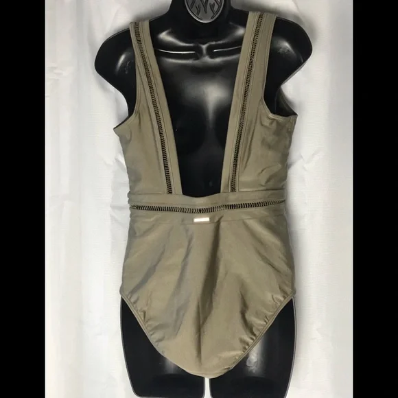 TED BAKER LONDON Pointelle Deep V SwimsuitOne Piece Khaki US 8